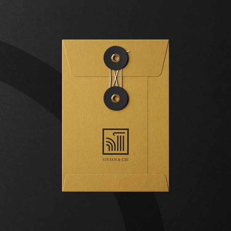 Une enveloppe jaune fermée par deux boutons noirs, marquée du logo, sur un fond noir.