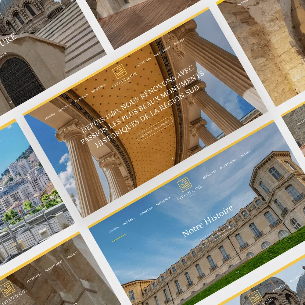 Des écrans du site vitrine inclinés en mosaïque : un plafond à colonnes, un bâtiment, des titres en serif.