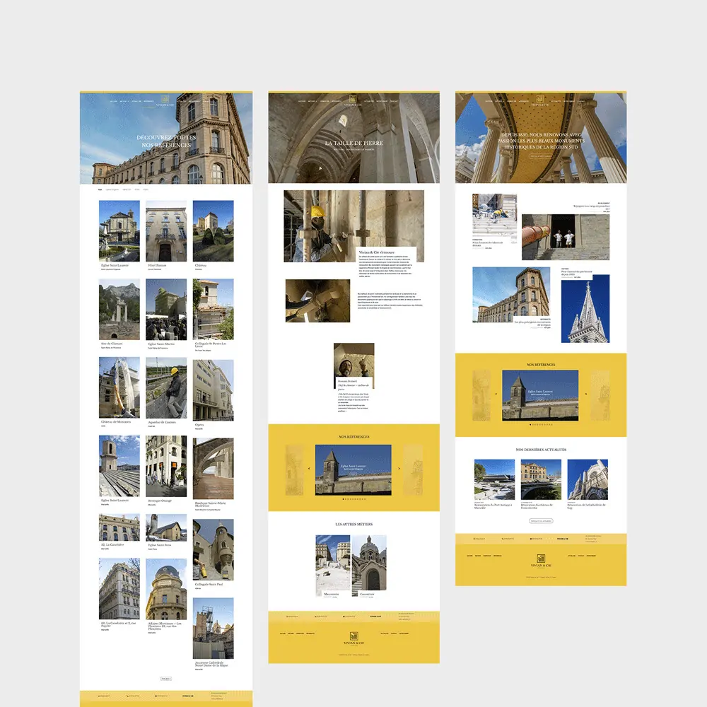 Une page du site : une grille de photos de monuments, un bandeau jaune et du texte.