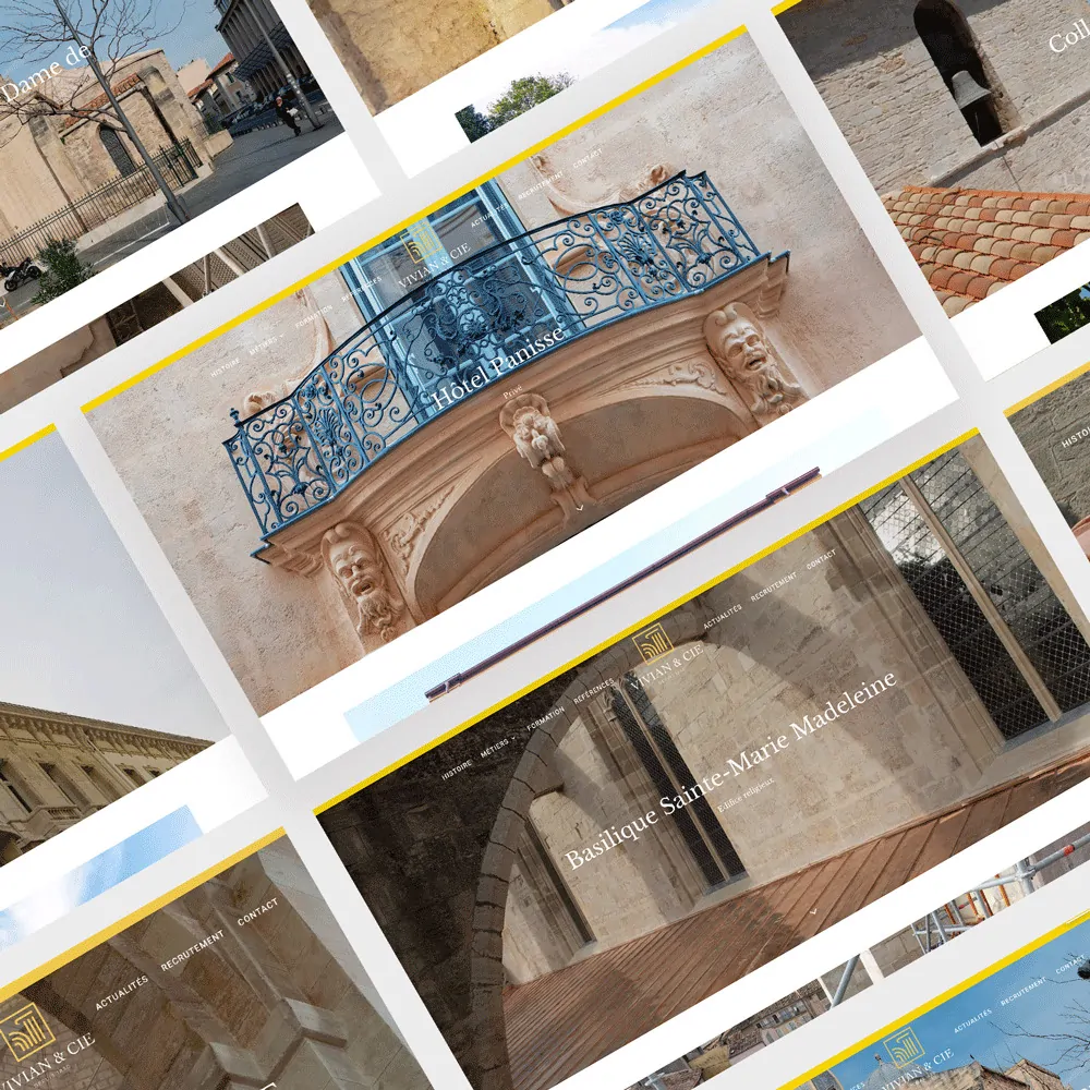 Des maquettes du site en mosaïque : un balcon en fer forgé, un bâtiment, des titres en serif.